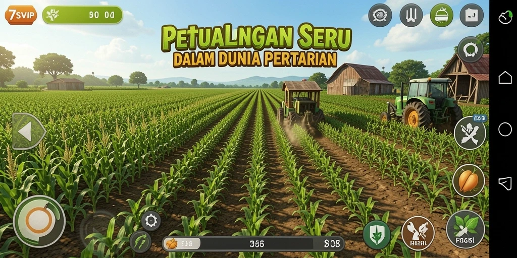 Screenshot gameplay 7SVIP menampilkan kebun yang segar dan hewan ternak yang bahagia.