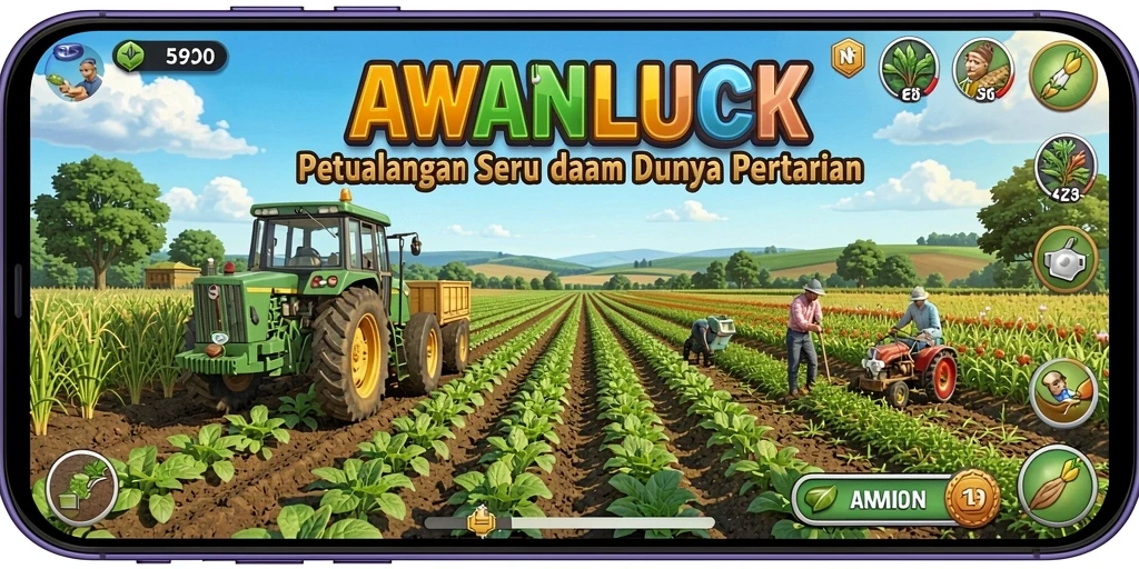 Tangkapan layar gameplay AWANLUCK menampilkan momen seru bertani.