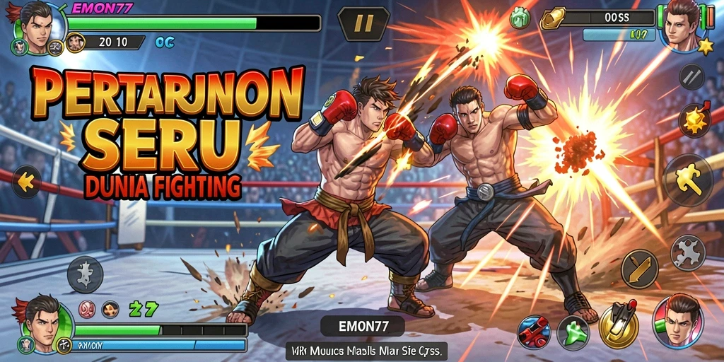 Tampilan seru gameplay Fighting EMON77 dengan karakter beraksi.