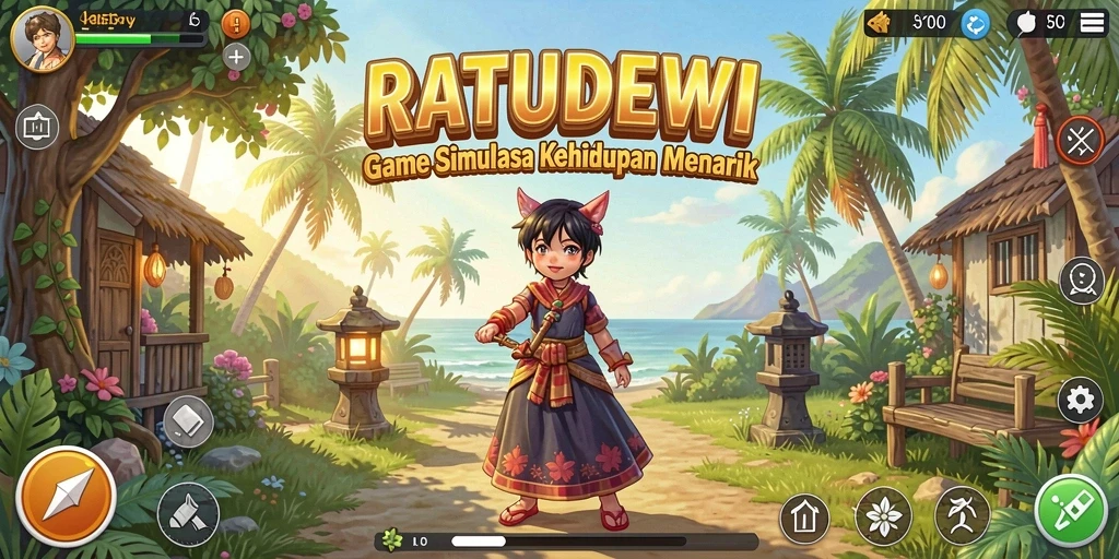 Screenshot gameplay menampilkan karakter utama dalam berbagai aktivitas simulasi.